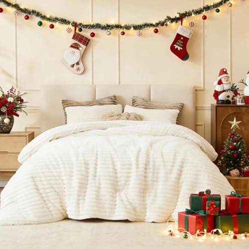 Geniospin Fleece Queen Comforter Set, Soft Fuzzy Queen Bedding Sets, 3-Pieces White Comforter Set for All Season, Warm Fluffy Comforter with 2 Pillow Cases - Image 1