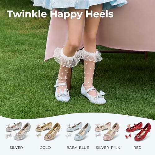 PATPAT Girls Dress Shoes Size 4 Big Kid, Baby Blue Glitter Shoes with Butterfly Hair Clips, Sequins Rhinestones Bowknot Princess Low Heels Mary Jane Footwear Heels for Girls Dress Up - Thumbnail 2