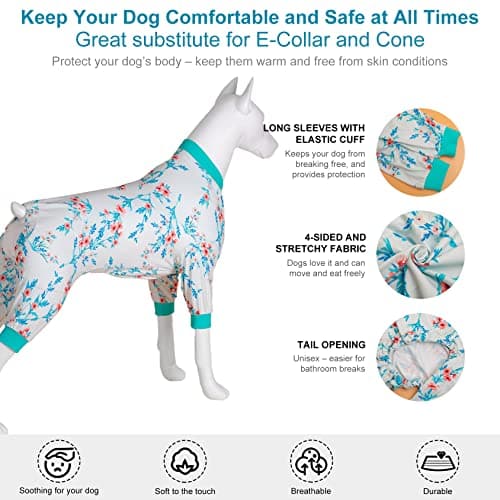 LovinPet Large Big Bodysuit for Dogs - Post Surgery Protection Dog Pjs,4 Legged Coverage Dog Onesie,Stretchable Lightweight, Bubbles and Floral White&Teal Print,Undershirt for Dog Sweaters,Blue Large - Thumbnail 5