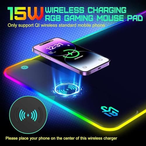 GIM Wireless Charging RGB Gaming Mouse Pad 15W, LED Mouse Mat 800x300x4MM, 10 Light Modes Extra Large Mousepad Non-Slip Rubber Base Computer Keyboard Mat for Gaming, MacBook, PC, Laptop, Desk - Thumbnail 4