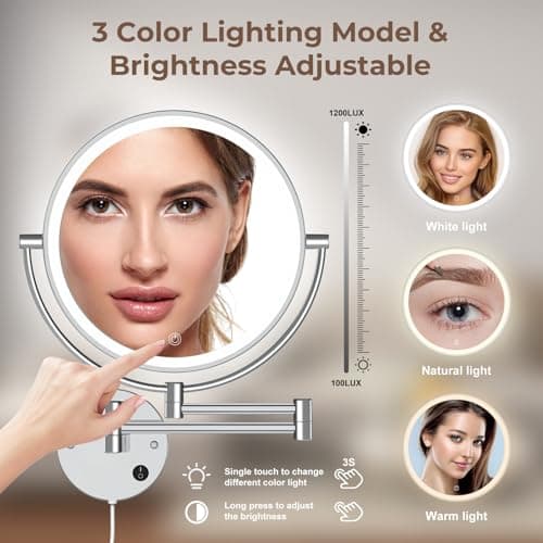 Rocollos 9" Plug-in Wall Mounted Lighted Makeup Mirror 1X/10X Magnification, Super Large Double Sided LED Vanity Mirror for Bathroom, 3 Color Dimmable 360°Swivel Extendable Shaving Cosmetic Mirror - Thumbnail 4