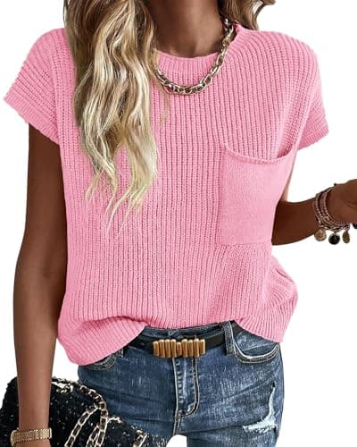 KIRUNDO Spring Summer Short Sleeve Sweater for Women 2026 Casual Sweater Vest Cotton Knit Pullover Tank Tops Fashion Clothing(Pink, Large) - Image 1