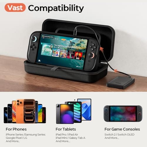 COOWPS Carrying Case with 10,000mAh, 22.5W Power Bank for Nintendo Switch 2, Fit P2/SUPCASE/Killswitch Case, Portable Full Protection Travel Bag with Game Card Slots, Holds Charge Adapter Accessories - Thumbnail 6