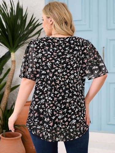 Amrto Plus Size Tops for Curvy Women, Womens Plus Size Tops Chiffon Square Neck Short Sleeve Flowy Casual Shirt Curvy Loose Fit Tunic Blouses Dressy Fashion 2025 Summer Blouses, Floral Black, XXXL - Thumbnail 4
