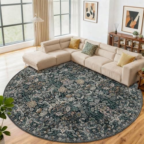 Luxcrest Round Rugs for Living Room: Large Green Area Rug for Dining Room Bedroom Entryway Boho Vintage Floral Decor - Soft Non-Slip Non-Shedding Circle Carpet 9ft - Image 1