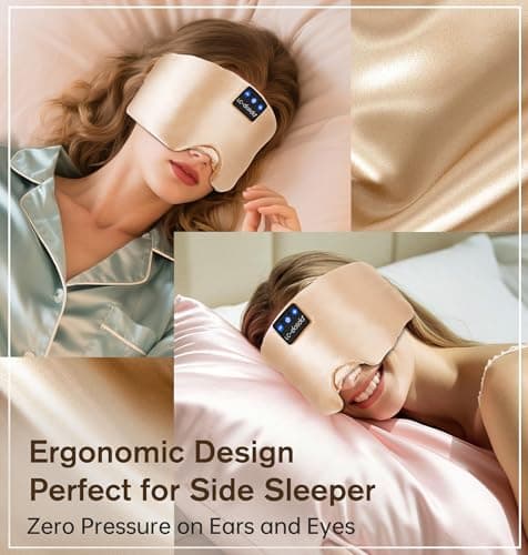 LC-dolida Luxurious Silk Soft Sleep Mask, Sleep Headphones with Bluetooth 5.4 for Side Sleeper, Total Blackout Eye Sleeping Mask for Women and Men, Ideal Gift for Restful Sleep, Travel(Champagne) - Thumbnail 4