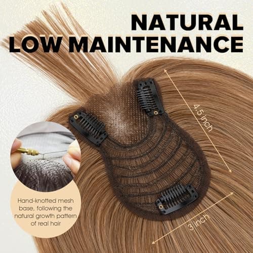 TESS Hair Toppers for Women Hair Pieces for Women with Thinning Hair Clip in Handmade Lace Base 3 Clips, 3.2 × 4.5 Inch, 12 Inch, Dark Linen - Thumbnail 2