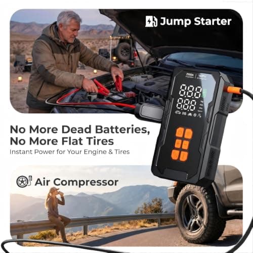 Jump Starter with Air Compressor 160PSI, 12V Car Battery Jumper Starter Portable (8.0L Gas/6.0L Diesel), Car Battery Charger Jump Box Cables with Auto-Shutoff Tire Inflator and LED Light, Black - Thumbnail 2