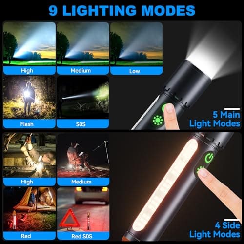ADDplus Magnetic Flashlight Rechargeable,5000mAh Flashlights High Lumens with 9 Modes,Waterproof, Adjustable,Powerful Flash Light,Emergency Multi-Flashlights for Home,Car,Hiking,Camping (1, Black) - Thumbnail 3