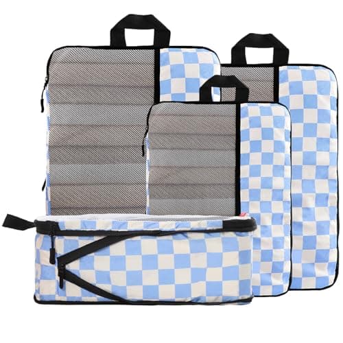 U+U 4 Set Compression Packing Cubes - Ultralight Travel Organizers, Space-Saving Suitcase Organizer, Expandable Packing Cubes for Travel, Business Trip and Family Vacation (Blue Checkered) - Image 1