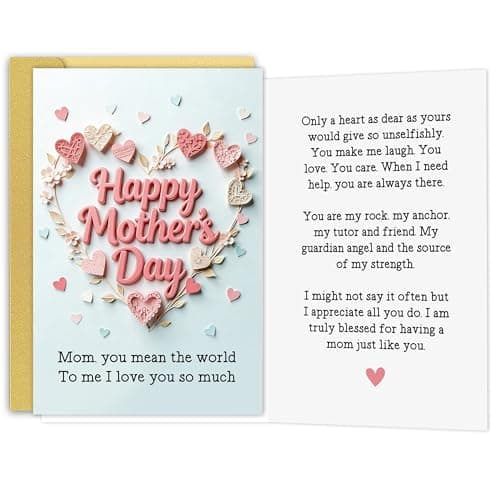 BINVASDS Happy Mother's Day Card for Mom, Heartfelt I Love You So Much Mothers Day Card Giftfor Mom from Kids, Thank You Cards for Mum