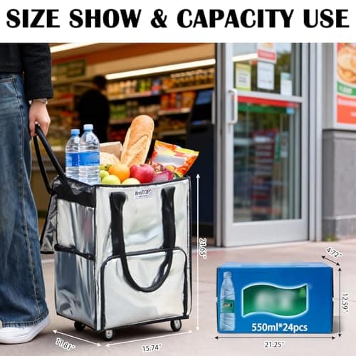 AnsTOP Reusable Grocery Bag on Wheels, 66LBS Foldable Shopping Cart with 5 Smooth Caster Wheels Zippered Top, Rolling Tote with Multiple Pockets for Groceries, Laundry, Travel, Camping,Medium,Silver - Thumbnail 6