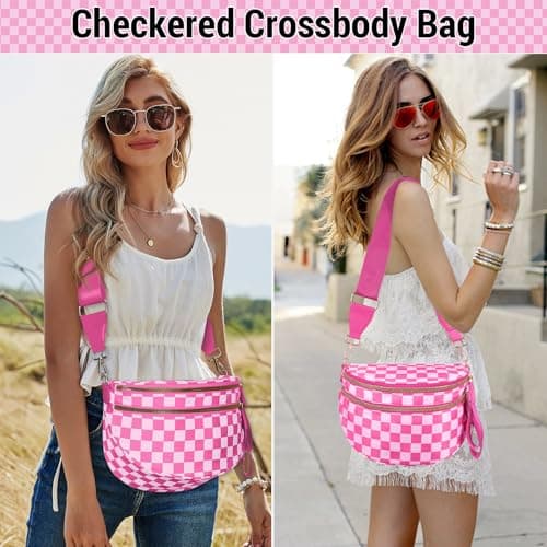 Checkered Crossbody Bag Bum Bags for Women Nylon Checkered Purse Large Fanny Packs Sling Bag Handbag Cross Body Bags - Thumbnail 6