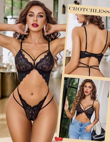 Avidlove Sexy Lingerie for Women Deep V Lace Teddy Cutout One Piece Bodysuit Mini Babydoll Black S - Thumbnail 4