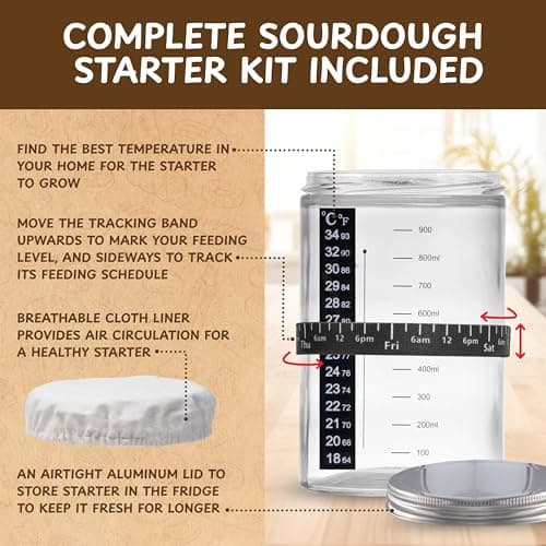 Complete Sourdough Bread Starter Kit, Glass Sourdough Starter Jar Kit & Tons of Sourdough Bread Baking Supplies - Sourdough Starter Kit Includes Sourdough Jar, Banneton Basket (2x Baskets and Jar) - Thumbnail 4