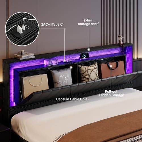 Belffin Floating Bed Frame King Size with LED Lights & Charging Station, Wooden Headboard with Hidden Storage and Faux Leather Backrest, Easy Cleaning, No Box Spring Needed, Noise-Free, Black - Thumbnail 3