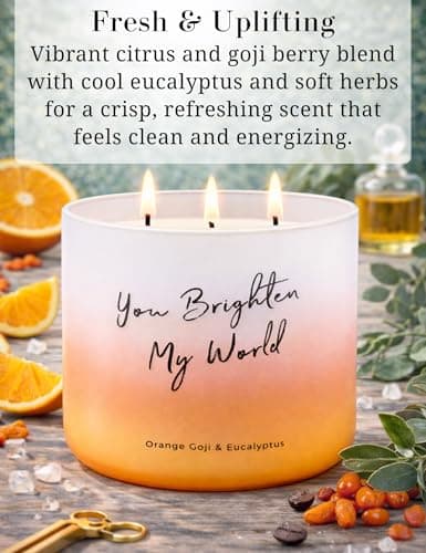 Orange Goji Eucalyptus 3-Wick Scented Soy Candle | 15.8 oz Large Aromatherapy Stress Relief Candle for Home | You Brighten My World Gift | Long Lasting Clean Burning - Thumbnail 2