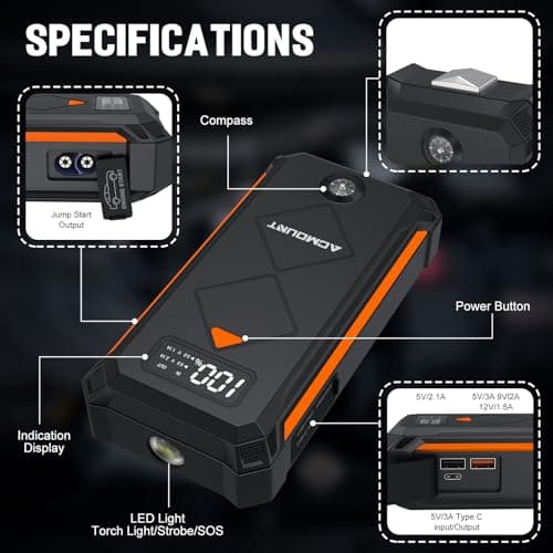 Acmount P110 Car Jump Starter, 6000A Peak Lithium Jump Starter Battery Pack for Up to 10.0L Gas or 8.0L Diesel Engine, Safe 12V Portable Battery Starter Power Pack with LED Screen & LED Light - Orange - Thumbnail 6