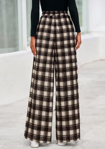 PRETTYGARDEN Casual Women's Pants 2026 Elastic Waist Palazzo Long Pajama Wide Leg Trousers Knit Fall Outfits with Pockets (Plaid Brown,Medium) - Thumbnail 4