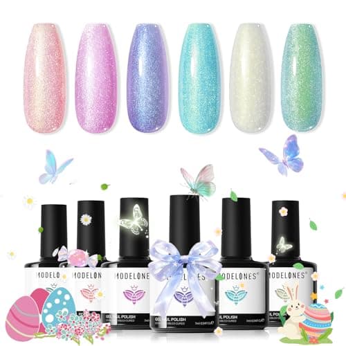 modelones Gel Nail Polish Set, 6 Colors 2026 Spring Pastel Easter Candy Mermaid White Pink Glitter Gel Polish Baby Blue Purple Galaxy Sparkle Shimmer Pearl Nail Polish Soak Off LED Nail Art DIY Gift