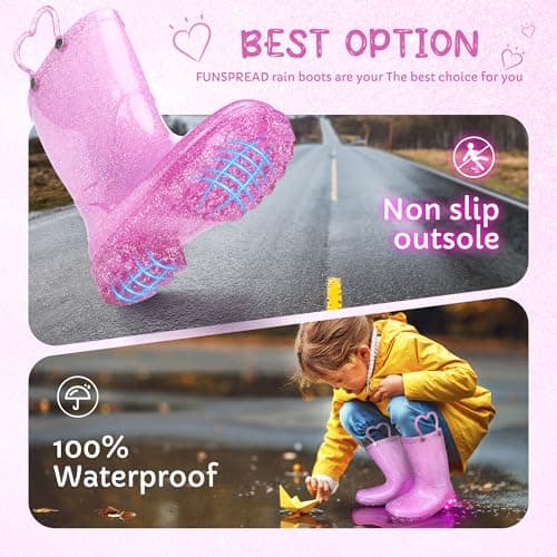 Funspread Toddler Rain Boots Girls Rain Boots - Glitter Light Up Kids Rain Boots with Easy-On Handles Lightwight Waterproof Rain Shoes Glitter Pink Size 5 - Thumbnail 4