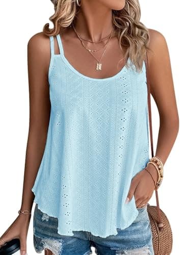 ATHMILE Ladies Camisoles Tank Tops Eyelet Embroidery Sleeveless Spaghetti Strap Tops Scoop Neck Sexy Loose Fit Casual Summer Flowy Cami Blue - Image 1