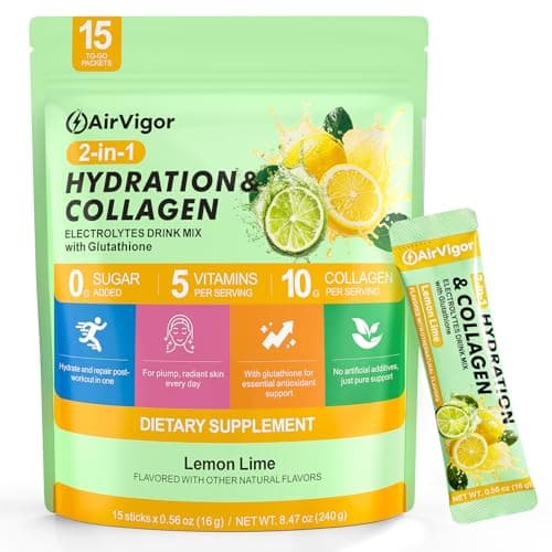 AirVigor Electrolyte Powder Packets, 10G Collagen Hydration Packets, Sugar Free Daily Electrolyte Hydration Recovery Drink Mix with 5 Vitamins & Glutathione, Joint Skin Muscle Support, Keto, Lemon