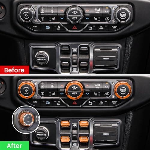 DIAMOOKY 8PCS Metal Button Knob Cover for Jeep Wrangler JL JLU 2018-2025 2026 & Gladiator JT Accessories Window Switch Button Cover Volume Radio Air Conditioner Headlight Switch Knob Cover (Orange) - Thumbnail 4