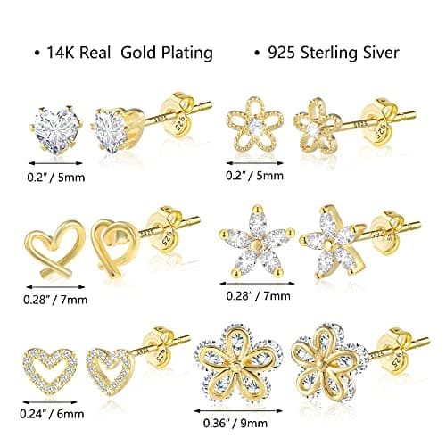 ALEXCRAFT Small Gold Stud Earrings 6 Pairs Cute Stud Earrings for Women Cubic Zirconia Earring Studs 14k Gold Plated Heart Earing for Women Hypoallergenic Pack - Thumbnail 4