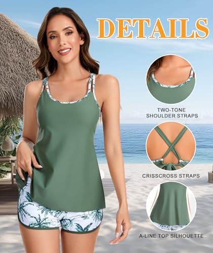 MFAVIP Tankini Swimsuits for Women 2026, Tummy Control Two Piece Bathing Suits, Blouson Tank Tops with Board Shorts Military Green - Thumbnail 5