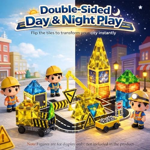 LATI Construction Magnetic Tiles City Set for Kids, Double-Sided Day & Night Building Blocks with Crane, Roads, Traffic Signs & Construction Vehicles, STEM Learning Toy for Boys & Girls Ages 3+ - Thumbnail 2
