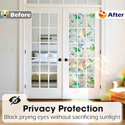 Stained Glass Privacy Window Film, Rainbow Bird & Leaf Static Cling Decorative Film for Kitchen, Bathroom & Home, Day & Night Privacy, No Glue Renter Friendly, Includes Free Squeegee, 23.6"W x 78.7"H - Thumbnail 3