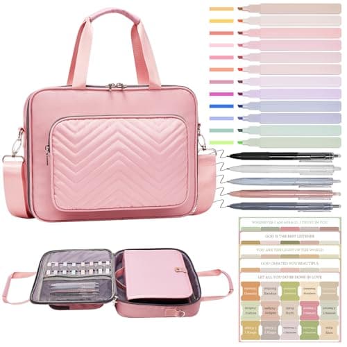 Xihan Waterproof Quilted Bible Cover with Leather Handle, Bible Study Supplies Includes 5 Black Pens, 12 Highlighters, 72 Tabs,Christian Gifts for Women(Pink) - Image 1