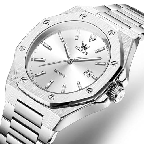 OLEVS Watch Men Luxury Silver Stainless Steel Dress Wrist Analog Quartz Waterproof Watches for Men Fashion Luminous Nice Large Face Minimalist Mens Watches Relojes para Hombres - Thumbnail 3