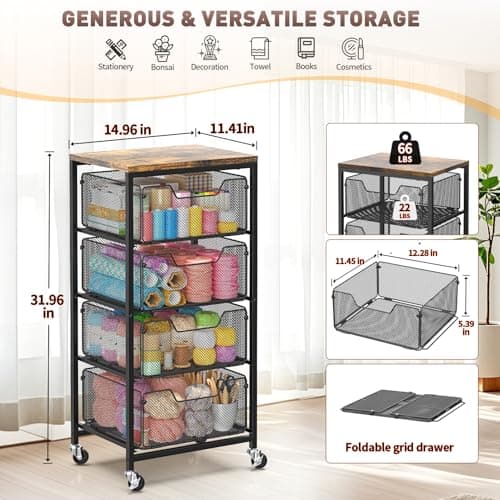 SUNALLY Rolling Cart with Drawers, 4-Tier Utility Cart Snack Storage Organizer with Lockable Wheels, Metal Kitchen Storage Cart with Wooden Top for Craft, Bathroom, School, Office, Bedroom, Black - Thumbnail 3