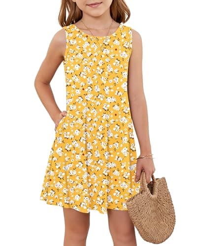 Girls Sleeveless Summer Dress Kids Crewneck Casual Mini Floral A Line Beach Sundresses with Pockets 5-14 Years Yellow Flower L - Image 1