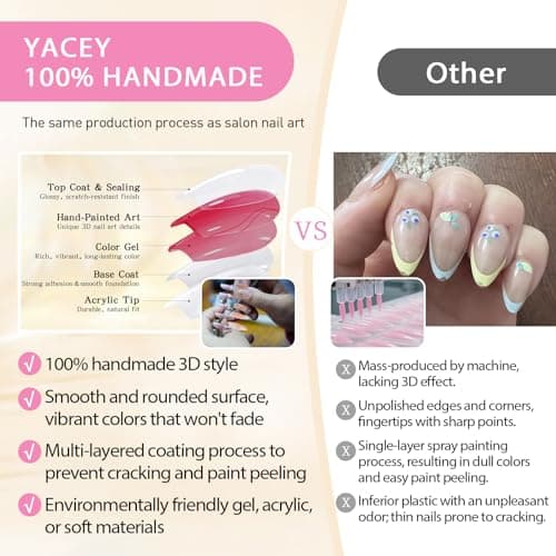 Yacey Handmade Press On Nails – Medium Coffin False Nails for Women, Reusable Acrylic French Tip with Pearl & 3D Buttterfly Cat Eye Design – Salon Quality Fake Nails (10PCS, M） - Thumbnail 4