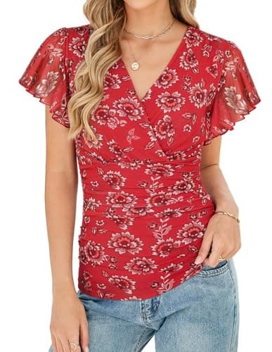 GRACE KARIN 2026 Womens Mesh Tops Summer Ruffle Sleeve Dressy Casual Top Floral Wrap Blouse Fashion Outfits Red S - Image 1
