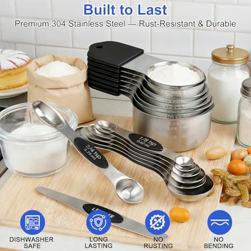 Magnetic Measuring Cups & Spoons Set, Strong N45 Magnets, Heavy Duty Stainless Steel Fits in Spice Jars for Baking & Cooking, BPA Free, Round Set of 15 with Leveler, Black - Thumbnail 2