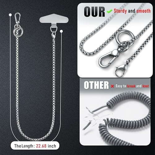 ROCONTRIP Anti-Theft Phone Lanyard Tether & Pants Chain Heavy-Duty Phone Strap With Metal Tether Tab Detachable Anti-Drop Lanyard for iPhone,Wallet,Key Great for Outdoor Hiking Cycling(Silver) - Thumbnail 3