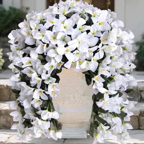 BSMYBO Bougainvillea Artificial Hanging Flowers Plants for Outdoors UV Resistant Faux Trailing Hanging Vine Outdoor Hanging Plants for Front Porch, Balcony, Patio, Outdoor Planter (White-2PCS)