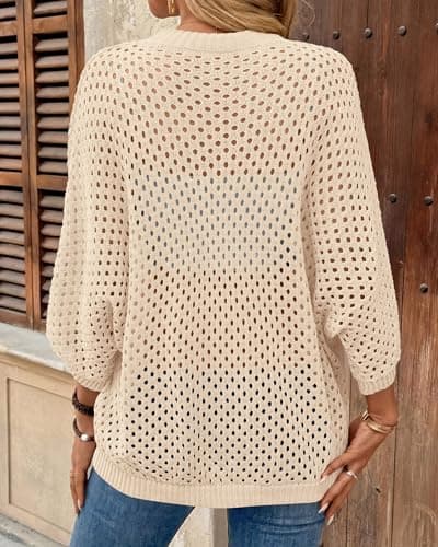 KIRUNDO Crochet Tops for Women Summer Batwing Sleeve Beach Sweater Lightweight Knit Cover Up Shirts Cruise Vacation Outfits(Beige, Large) - Thumbnail 6