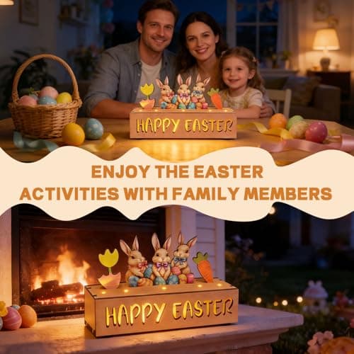 Happy Easter Decorations with LED Lights, Wooden Easter Decor Gifts for Table, Lighted Happy Easter Sign with Bunny, Carrots, Tulip and Easter Eggs, for Spring Mantel, Tiered Tray, Home Desk 8.6 inch - Thumbnail 5