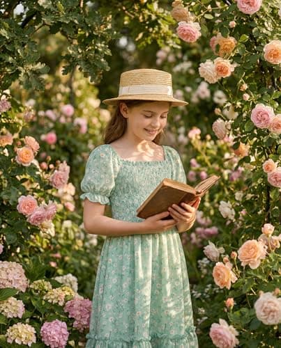 FREELYVE Girls Summer Floral Smocked Dress Square Neck Puff Sleeve Ruffle School Party Teen Sundress,Green,6-7Y - Thumbnail 3