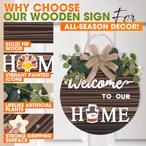 Interchangeable Welcome Sign – Welcome Signs for Front Door, Rustic Fir Wood with Hanging Cord & Metal Hook, Includes 14 Magnetic Changeable Icons – For Holiday, Year-Round Porch & Indoor Decoration - Thumbnail 4