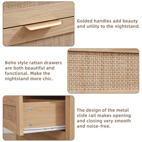 LEYAOYAO 31.5" Wide Rattan Night Stand, Oversized Large Boho Nightstand with 2 Drawer, Natural Wood Bed Side End Tables with Storage Shelf, Tall Bedside Table for Bedroom Living Room, Hallway - Thumbnail 3