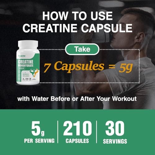 Creatine Monohydrate Capsules, Pure Creatine Pills Micronized for Enhanced Workout and Muscle Growth for Men and Women, 3rd Party Tested, Easy Absorption, Non-GMO, Unflavored - 210 Capsules - Thumbnail 6