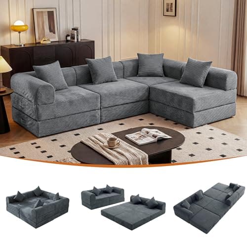 ceamorfco 112 Inch Modular Cloud Couch Sectional with 4 Pillows, Corduroy 4-Seat Convertible Sofa Bed for Living Room, Deep Seat Floor Sofa, High-Density Foam Modular Sectional Sofa, Grey - Image 1