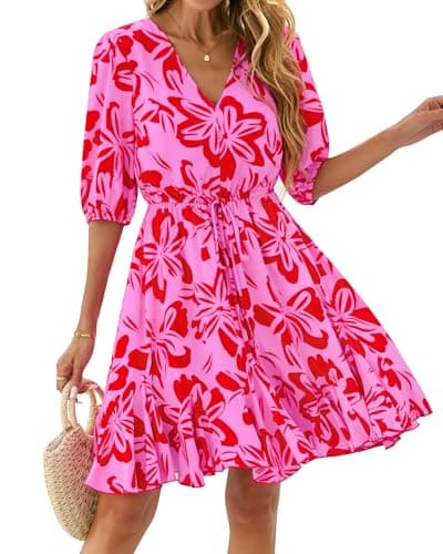 BTFBM Women Summer Spring Floral Boho Dress 2026 V Neck Short Sleeve Ruffle Beach Vacation Clothes Wedding Guest Dresses(Floral Pink Red, XX-Large) - Image 1