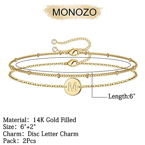MONOZO 14K-Gold-Plated Bracelets for Women Gifts, 14K-Gold-Plated Plated Layered Beaded M Letter Initial Bracelet Personalized Disc Monogram Charm Bracelets for Women Mothers Day Gifts for Mom - Thumbnail 4